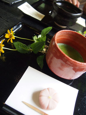 大和撫子のお花型の練りきり♡薄紅色がとってもかわいい♡添えてあるお花も嬉しい^^緑の見える窓側で頂きました。 彼はどら焼きをチョイス
