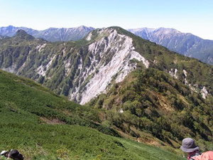 右の写真は不動岳ピークから真ん中に南沢岳、左に烏帽子岳(ちょっと形が違う)後ろに３つのカールを抱えた薬師岳