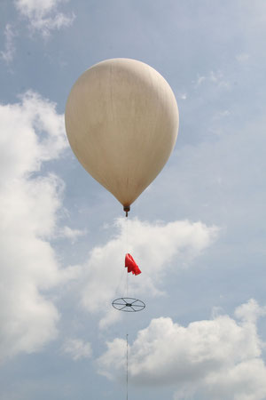 Mit Helium gefüllter Ballon kurz vor dem Start. Darunter befindet sich der Fallschirm und eine Vorrichtung zum offenhalten des Schirms während des freien Falls.