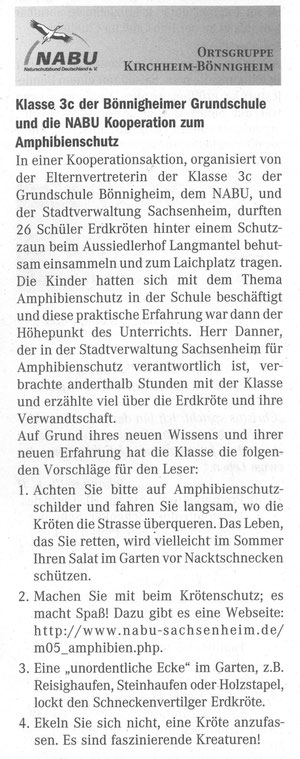 Bönnigheimer Nachrichten Nr. 17 vom 01.03.2006 über Krötenaktion der Schule mit dem NABU