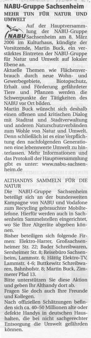 Nachrichtenblatt vom 07.04.2006 Bericht über Jahreshauptversammlung und Aufruf Althandysammeln