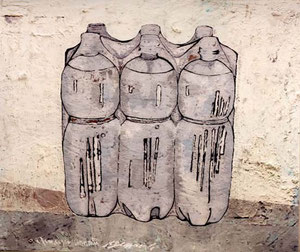 "6 bottiglie" 1996 olio su faesite 42,5x48. Coll. Sonnati.