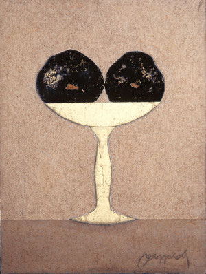 "Alzata con melanzane" 2001.Olio su faesite, 40x30. Collezione Riccardo Nencini.
