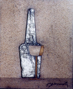 "Bottiglia e bicchiere", 2000. Olio su faesite,  30x25. Collezione privata, Arezzo.