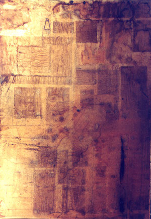 "New York dall'alto" 1998 tecnica mista su faesite 100x70. Collezione Viola Gennaioli.