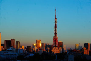 総会開始時間のホールから見える夕焼けの東京タワー