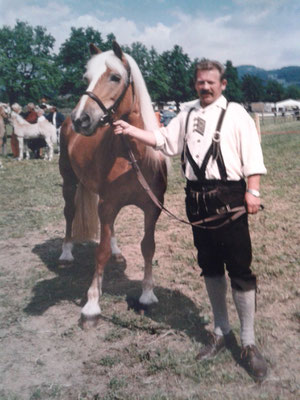 Haflinger Landesausstellung Ebbs 1997 - Oswald Tiefenthaler mit Stute Gidra 