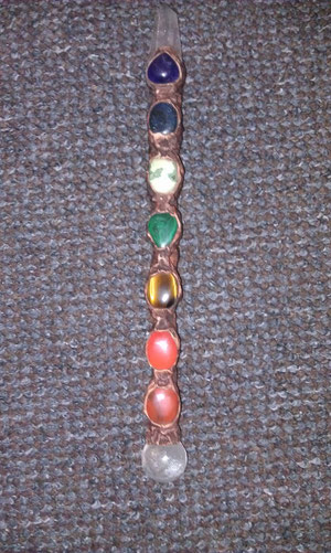 Wand with Quarzt pointer and crystal ball. Chakra colors.