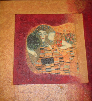 Gustav Klimt Motiv auf Malplatte und dann auf Keilrahmen geklebt