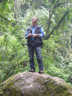 Regenwaldschutz - Wir wollen dass das so bleibt. Projektkoordinator Harald Petrul im artenreichen Bergregenwald bei San Ramon, Chanchamayo, Peru Foto: Giannina Petrul (Juni 2011)