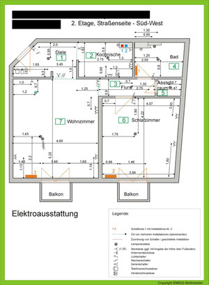 Muster für einen Grundriss mit Abmessungen und Lage der Steckdosen etc.