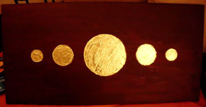 (Acryl auf Leinwand / 100 x 50) Feb. 2012 // Die Kugeln sind mit Blattgold besetzt.