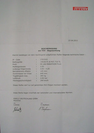 150 / 80 16 Zoll Bescheinigung für vorne