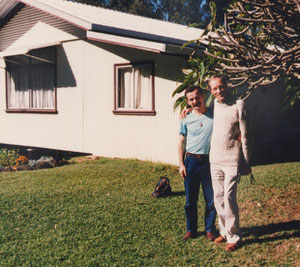 Anthony Thorpe ( right ) with Anthony Zois standing outside Baba's House. Avatar's Abode Anniversary 1988