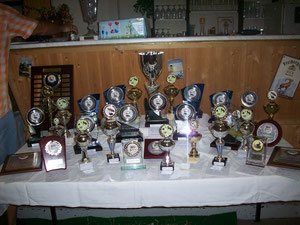 Blick auf den Ehrenpreistisch mit geschmackvoll ausgewählten Pokalen und Plaketten.