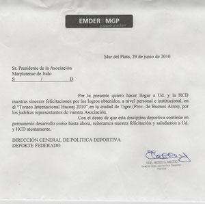 Nota de reconocimiento dirigida al Presidente de la Asociación marplatense de Judo, Prof. Luis Torres de parte del prof. Andrés Maccio, Director General de política deportiva Deporte federado del EMDER de Mar del Plata