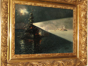 Huile sur toile de Louis Nattero, 32/46: Cuirassier effectuant un tir de nuit au moyen d'un appui lumière.