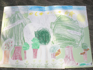 Gemeinschaftsbild: Alle Bäume wurden auf einem Blatt zusammengeklebt. So wurde aus einzelnen Bäumen ein Wald,so wie aus allen Kindern in der Lerngruppe zusammen eine Gemeinschaft wird.