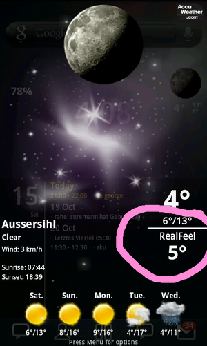 "Realfeel" isch eigentlich no es guets Wort. Wüsst gad diversi andere Awendigsgebiet! (Partnerstatus, Tagesziite, Position i Hierarchie..)