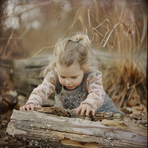 Ein kleines Mädchen ist auf dem Waldboden und spielt mit einem Baumstam oder Baumast, in den natürlichen gedeckten Farben beige bis weiss und grau