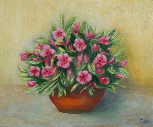 La potée aux fleurs rose par Mado (grande toile à l'huile fine de 38 x 46 cm)