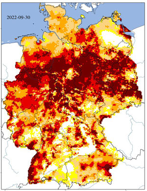 dunkelrot = außergewöhnliche Dürre; hellrot = extreme Dürre; orange = schwere Dürre (z.B. am Niederrhein)