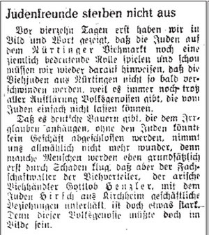 Gottlob Henzler war in der Zeitschrift Flammenzeichen bereits als "Judenfreund" diffamiert worden. Abbildung aus: anuel Werner: Juden in Nürtingen in der Zeit des Nationalsozialismus, S. 42