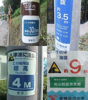 比較的安全な地域に多い標高の表示(鎌倉、横浜、堺、豊橋)