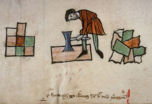 Tailleur de pierre muni d’une bretture, manuscrit d’Amiens, XIIIe siècle