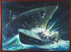 Le PT-109 de Kennedy coupé en deux par l'Amagiri. Peinture de Gerard Richardson.