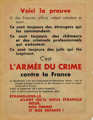Verso d'un tract reprenant l’« Affiche rouge », 1944. (coll. Musée de la Résistance nationale) Le texte est violemment raciste et antisémite.