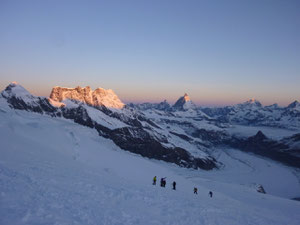 Morgenstimmung, Dufourspitze, Pollux, Breithorn, Matterhorn, Dent Blanche
