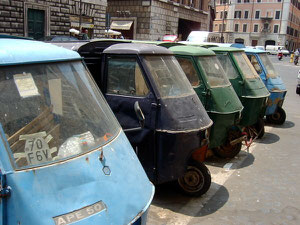 Typical 3 wheeled 'tuck tucks' lined up near Piazza Navona