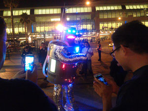 Dancing robot, outside of San Diego convention center. It also boxed.