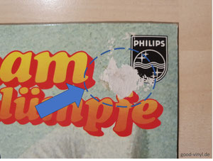 Rechts oben ein typischer Preisschild-Abriss am Album-Cover "Vader Abraham im Land der Schlümpfe" (1st., GER 1978)