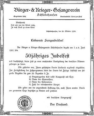 Einladung des Bürger- & Krieger- Gesangvereins Schledehausen zum 50-jährigen Jubelfest am 7. und 8. Juni 1931