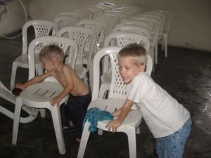 We recently had another saturday campus sanitation. Elijah & Caleb were put to work cleaning chairs in the dining hall.