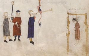 La pendaison. Coutumes de Toulouse, 1296, BnF. Temple de Paris