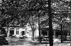 Blick in Bergmanns Gartenwirtschaft am Bertels Weg in Kattenstroth (später Wiltmann)