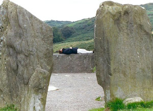 Kathy resting on 'Druid's Alter' in the Drombeg stone circle, three miles west of Ross Carbery, County Cork, Ireland.
