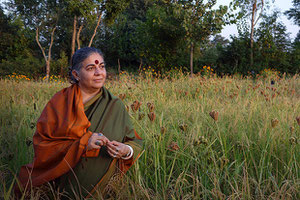 Vandana Shiva devant un champs de millet, banque de graines Navdania