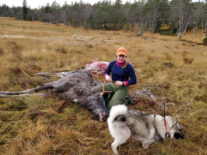 Vibeke mit ihrem Elchhund Kongpris und mit dem von ihr erlegten Jungelch