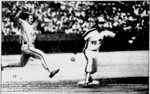 Pete Rose stretches for first on an infield single.