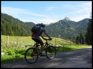 An der Röhrlmoos-Alm ist Halbzeit. Im Hintergrund sieht man den Roßstein. Unterhalb liegen die Sieben Almen.