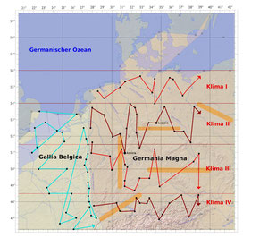 Abb. 2: Reihenfolge der Ortsnennung in der 3. (Gallia Belgica) und 4. (Germania Magna) Europakarte in der Geographie. Die Nummerierung der Klimata ist willkürlich.