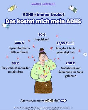 Instagram-Slide von Funk-Format „Mädelsabende“ zu ADHS-Steuer im Alltag, mit Tipps von Kirstin von bricklebrit für Mädchen und Frauen, wie ADHS gehirntauglich unterstützt werden kann.