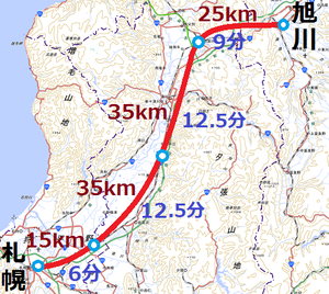 単線新幹線の駅間隔と所要時間(国土地理院地形図を使用)