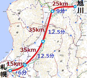 単線新幹線の駅間隔と所要時間（国土地理院地形図を使用）