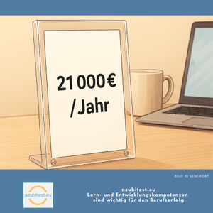 Auf einen Schreibtisch steht ein Preisschild: EUR 21.000,00/Jahr für die Ausbildung eines Azubis - Bild zum Blogbeitrag: Was kostet eigentlich ein Azubi?