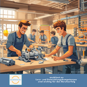 Ein Ausbilder und ein Azubi arbeiten lachend an einer Werkbank - Bild zum Blogbeitrag: Kein Traumberuf? Warum das Arbeitsumfeld so entscheidend ist.